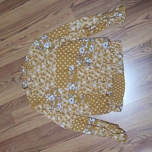 Womens S Luna long-sleeved blouse shirt small mustard camel white floral